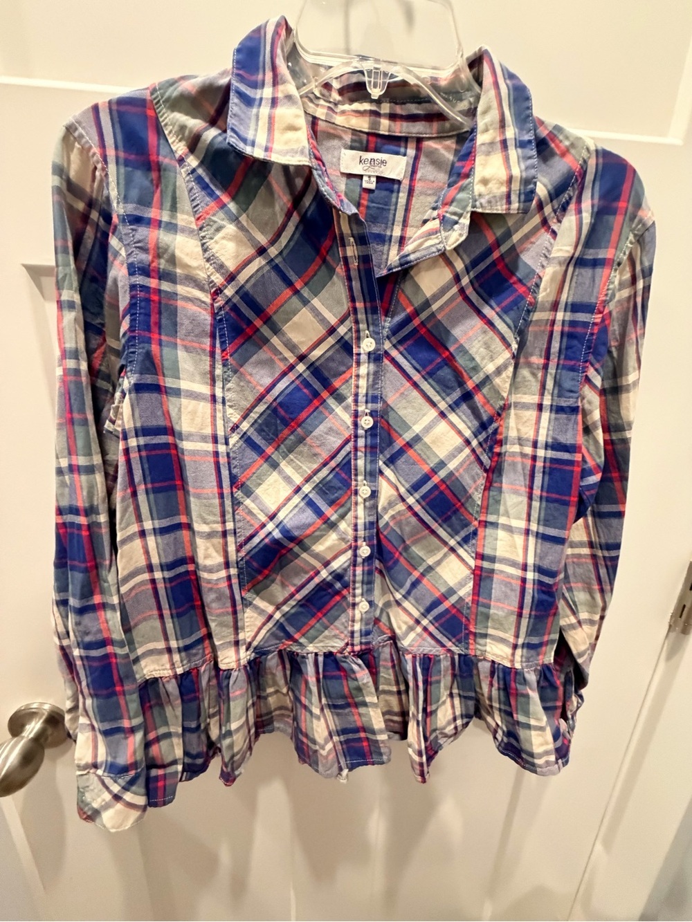 Kensie Jeans Plaid Cotton Button Front Peplum Ruffle Top Small
